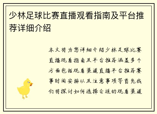 少林足球比赛直播观看指南及平台推荐详细介绍
