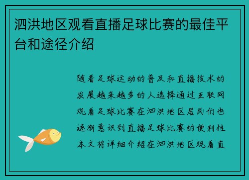 泗洪地区观看直播足球比赛的最佳平台和途径介绍